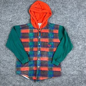 French‎ Toast Hoodie Shirt Boys Size 12 Plaid Button Up Green Sleeves Orange